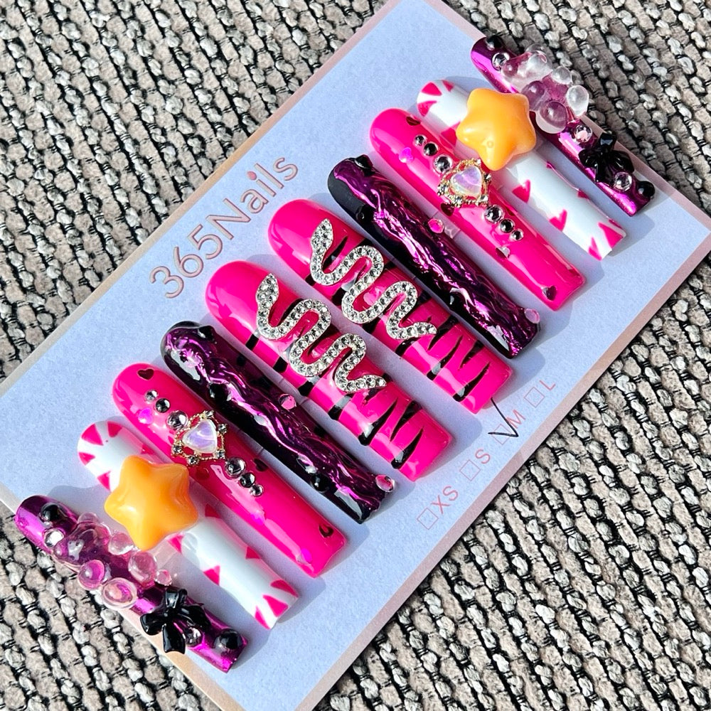 365nails: "Y2K Pink Purple Snake Star" – Handmade Long Trapezoid Press-On Nails