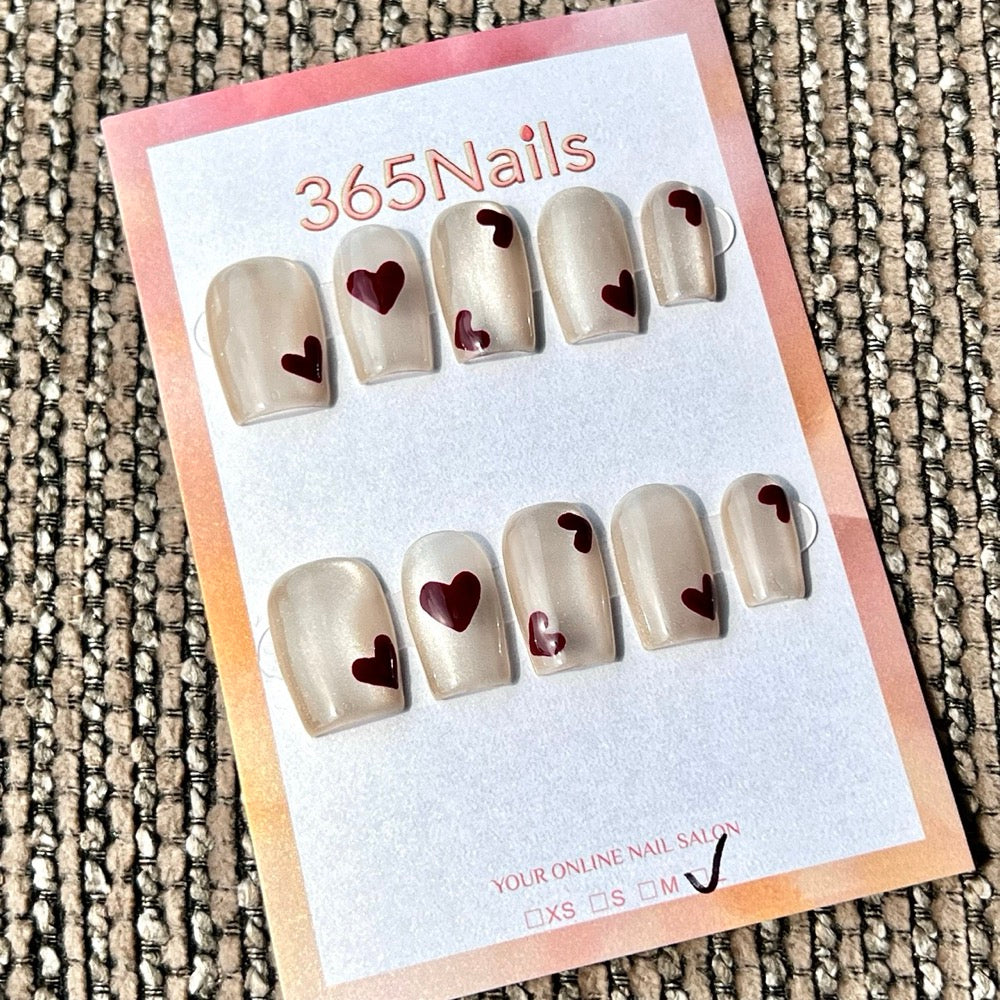 365nails: “Cherry Heart Shimmer” – Handmade Square Press-On Nails