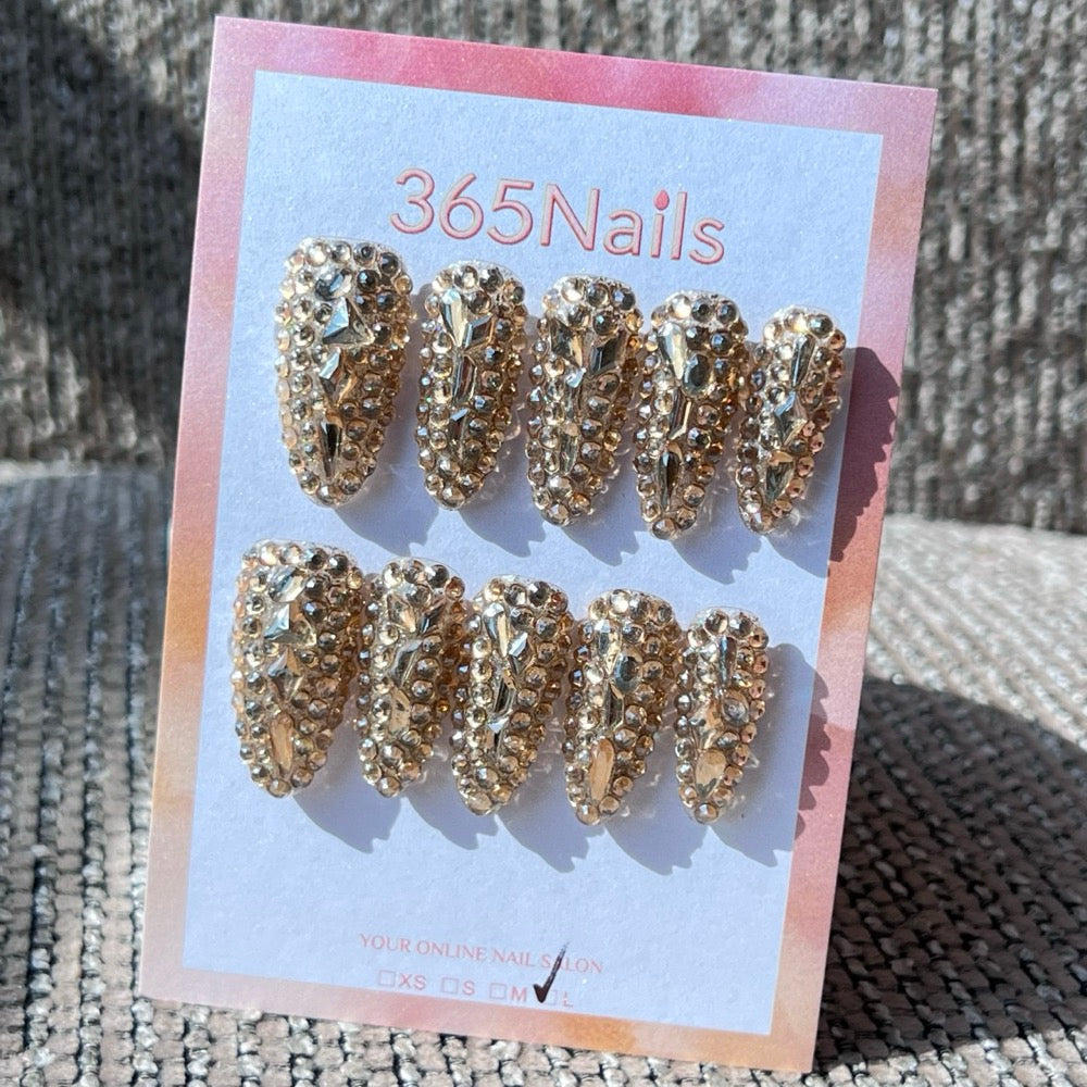 365nails: "Golden Opulence" – 3D Crystal & Rhinestone Handmade Almond Nails