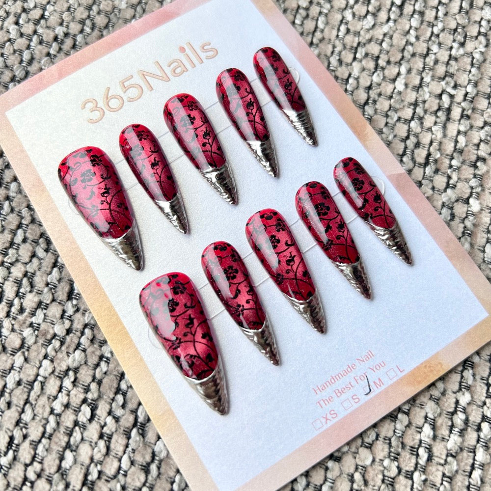 Femme Fatale: "Crimson Empress" – Deep Red Cat Eye with Black Gothic Floral Vines & 3D Silver Chrome Armor Tips Long Stiletto Nails