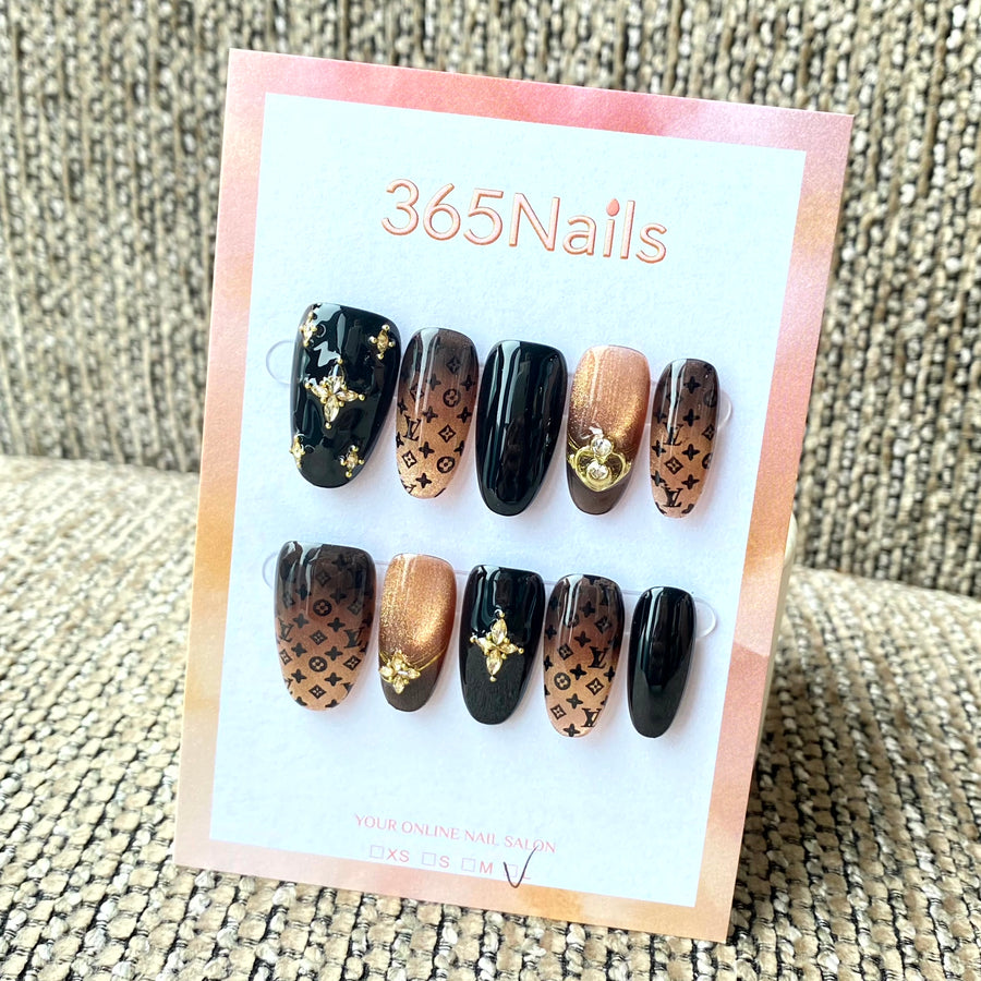 Luxury Logo 365nails: "Gilded Eclipse Monogram" – 3D Gold Cross & Cat-Eye Handmade Oval Nails