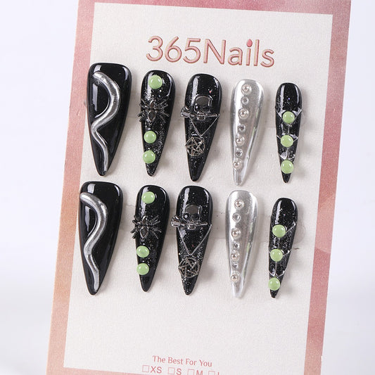 365Nails Midnight Black x Chrome Silver with Skulls, Spiders and Neon Green Studs – Gothic Long Stiletto Press-On Nails