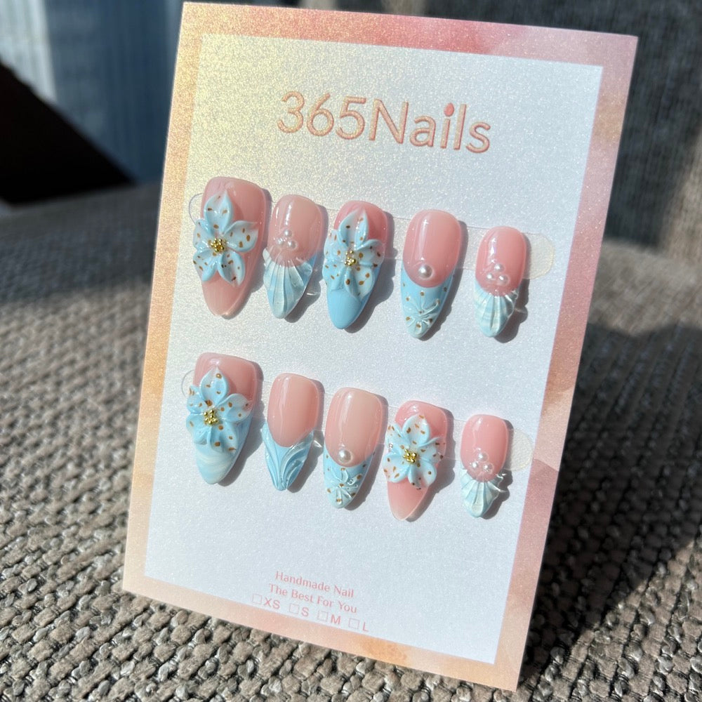 Handmade "Cinderella Blue" 3D Floral Press-on Nails | Textured French & Pearls | Short Almond