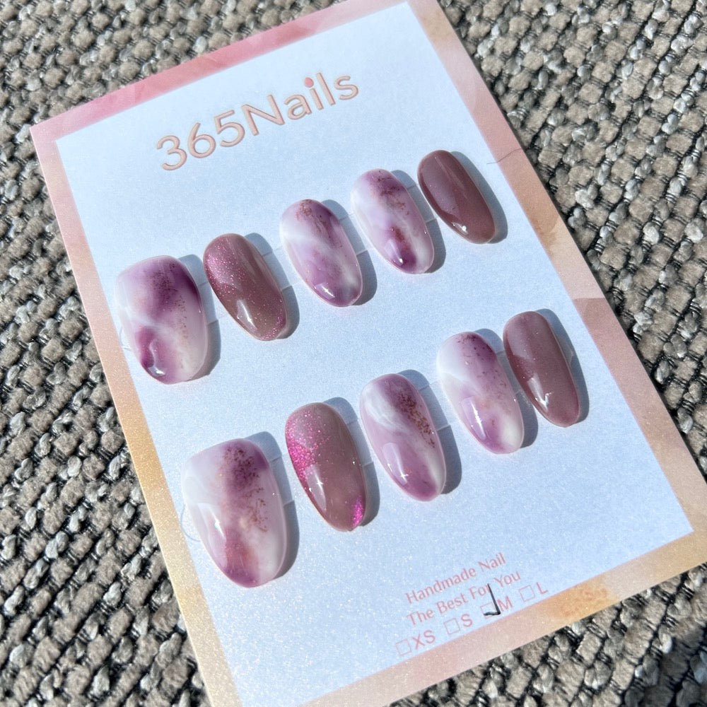 Ethereal Ink: "Taro Rose Mist" – Dusty Mauve Cat Eye & Milky Purple Marble with Gold Shimmer Oval Nails