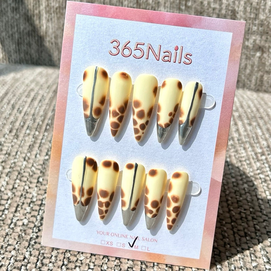 365nails: "Giraffe Safari & Silver Tip" – Metallic Accent Handmade Stiletto Nails