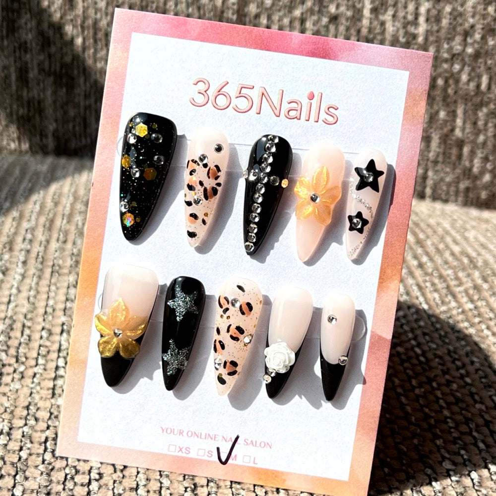 365nails: "Midnight Leopard" – 3D 플로럴 & 라인스톤 수제 스틸레토형 네일
