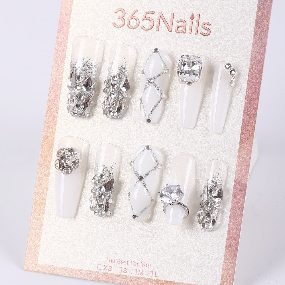 365Nails Icy Milky White with Silver Luxe—Metal Shards, Crystal Rhinestones and Glitter Lattice – Glam Medium-Long Coffin Press-On Nails