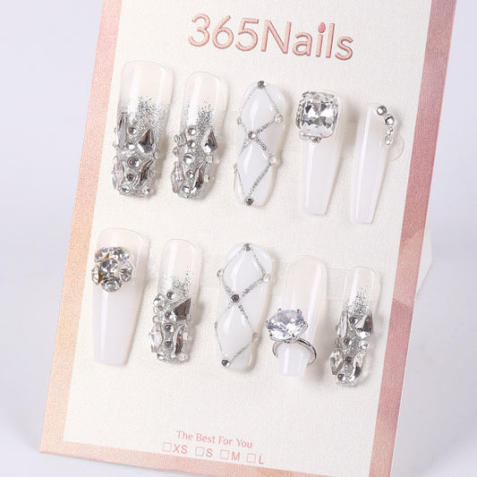 365Nails Icy Milky White with Silver Luxe—Metal Shards, Crystal Rhinestones and Glitter Lattice – Glam Medium-Long Coffin Press-On Nails
