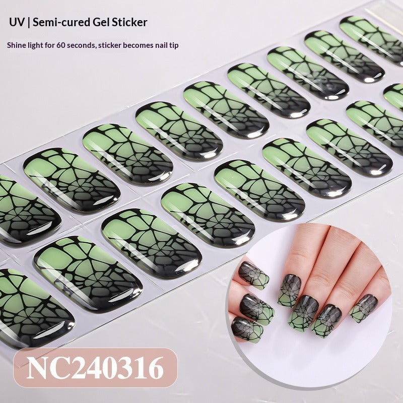 Semi-Cured Gel Nail Strips Halloween Glow Gothic Spiderweb Ghost Design (MOQ=3)
