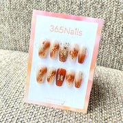 Luxury Logo 365nails: 앰버 셀레스티얼 3D 골드 스타 & 오렌지 라인스톤 수제 스쿼벌형 네일