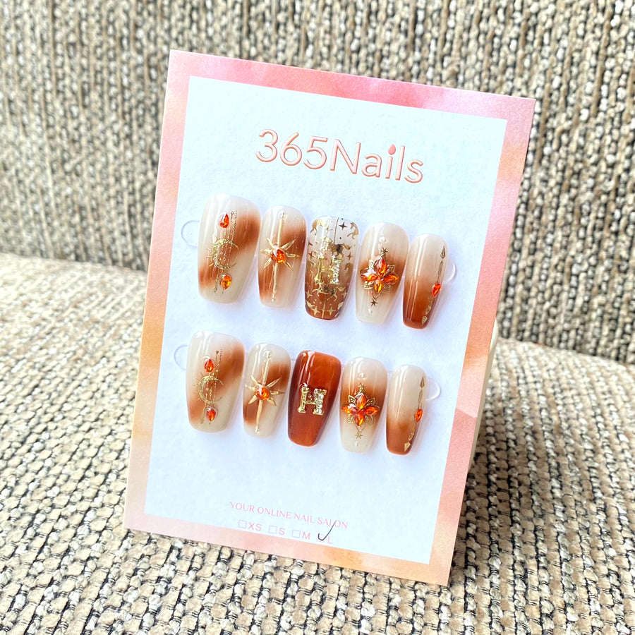 Luxury Logo 365nails: "Amber Celestial" – 3D Gold Star & Orange Rhinestone Handmade Squoval Nails