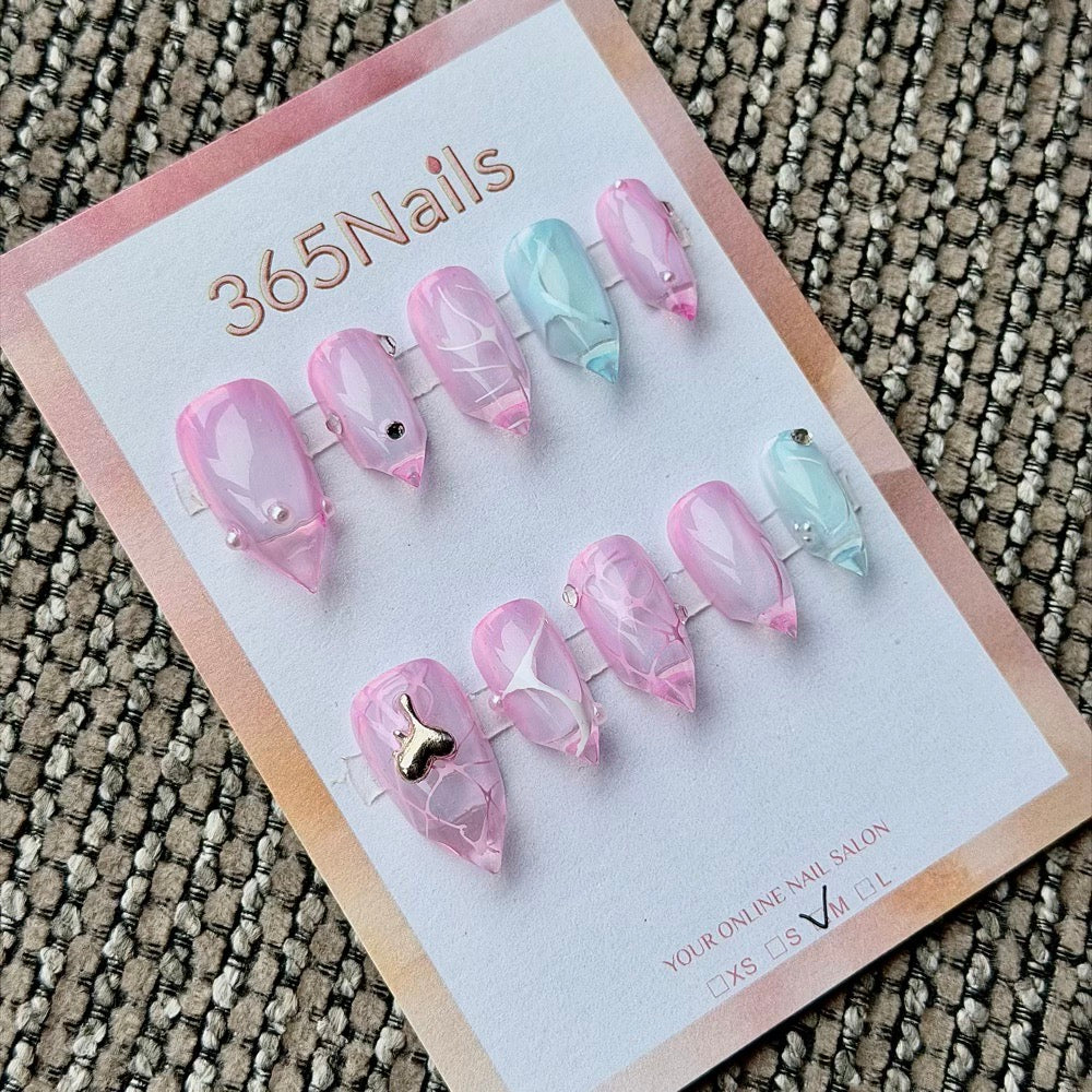 365nails: "Pastel Cracked Vein Jelly" – Mini Metal Charm Handmade Medium Stiletto Nails