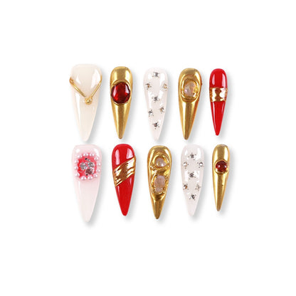 365Nails Ivory & Classic Red Regal Set with Gold Metallic Frames, Gem Accents, and Crystals Press-On Nails