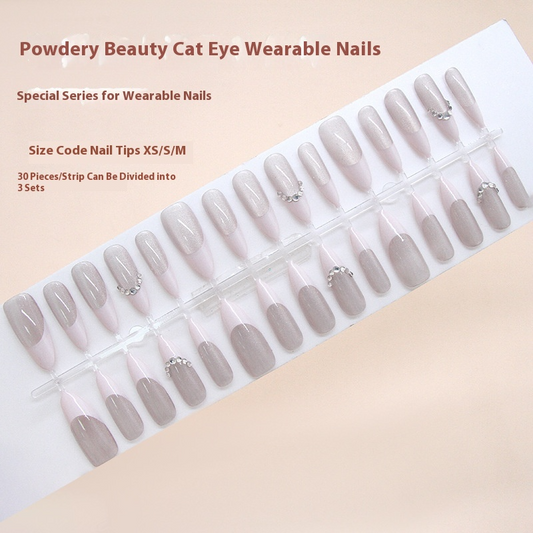 Nail Tips  prefabricated nail whitening temperament powder French cat eye flashing  removable press on nails diamond 30 pieces｜365nails