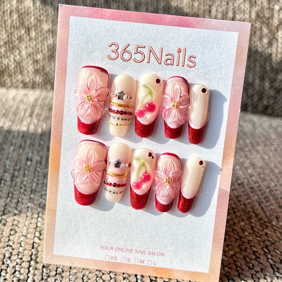 365nails: "Red French Cherry" – Handmade Medium Square Press-On Nails