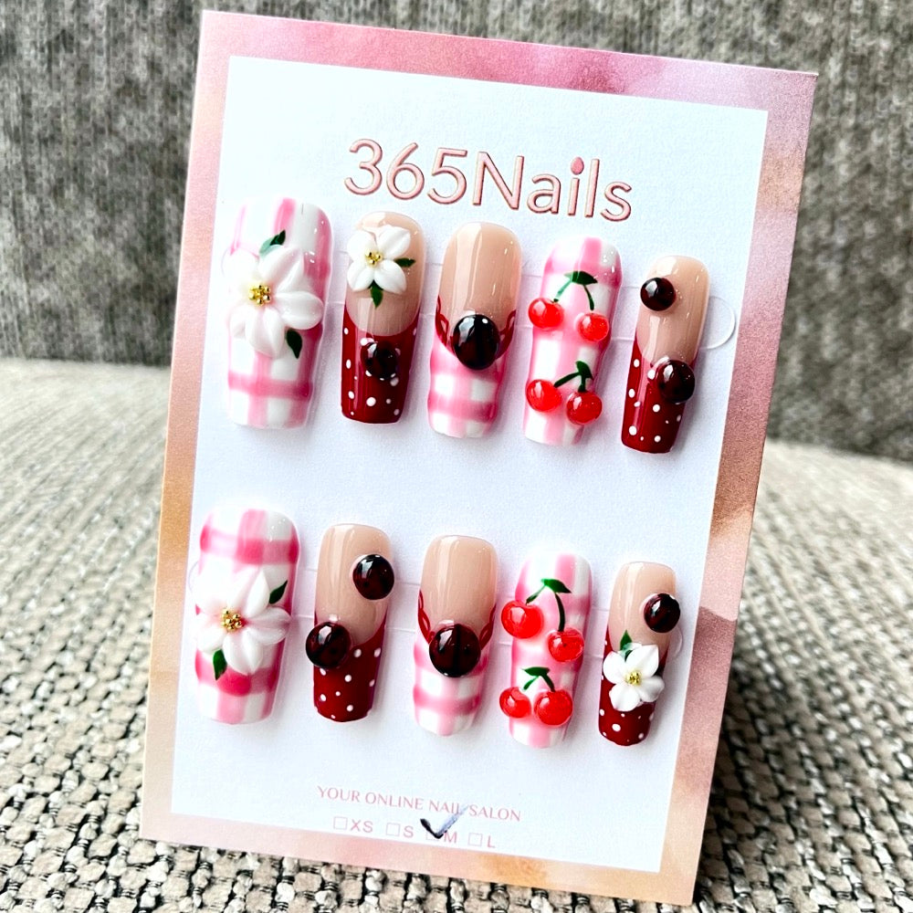 365nails: "Cherry Picnic" – 3D Fruit & Floral Handmade Short Nails