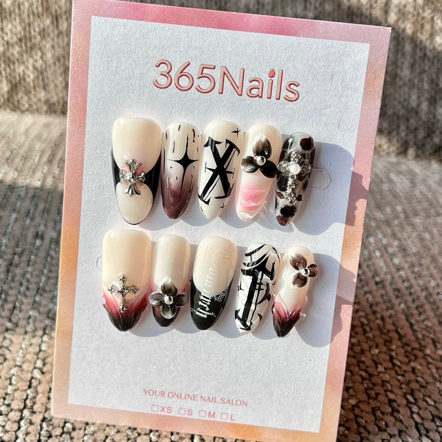 365nails: "Grunge Cross & Floral" – Handmade Medium Almond Press-On Nails