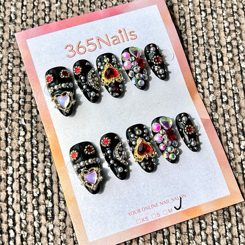 365nails: "Black Red Heart Short" – Handmade Short Stiletto Press-On Nails