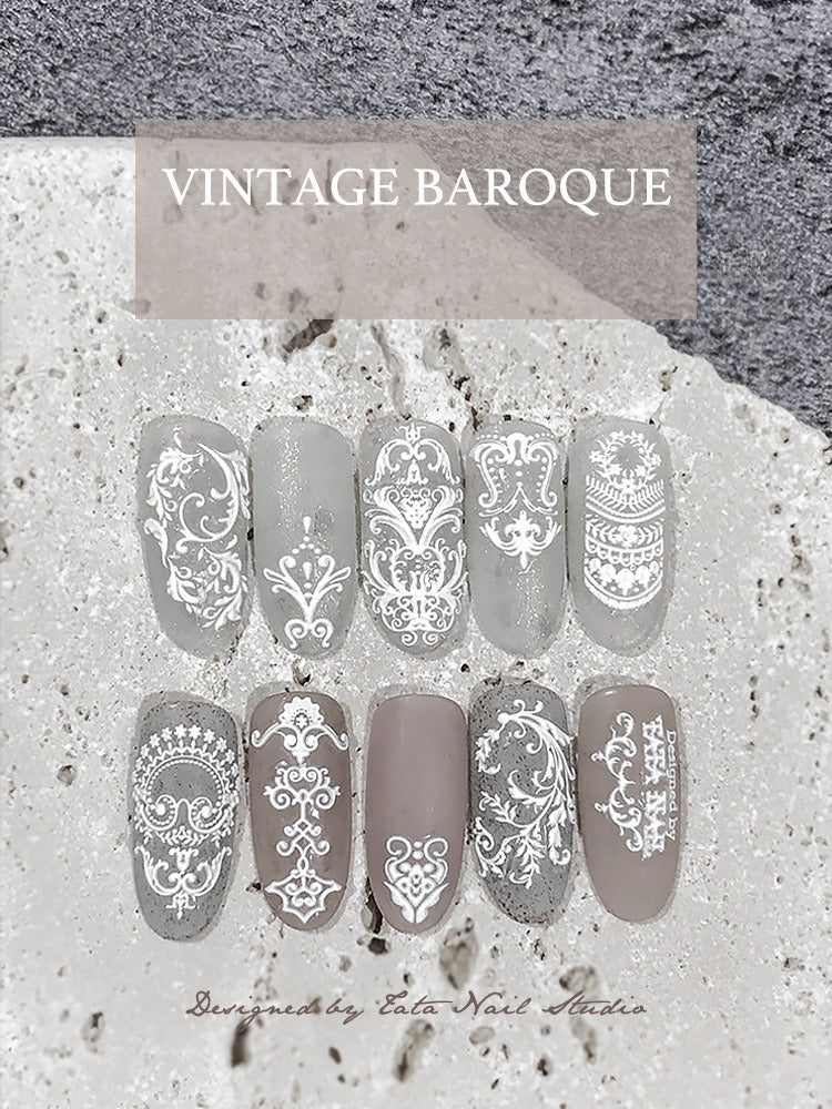 Embossed Baroque Nail Stickers – White Ornate Damask Set
