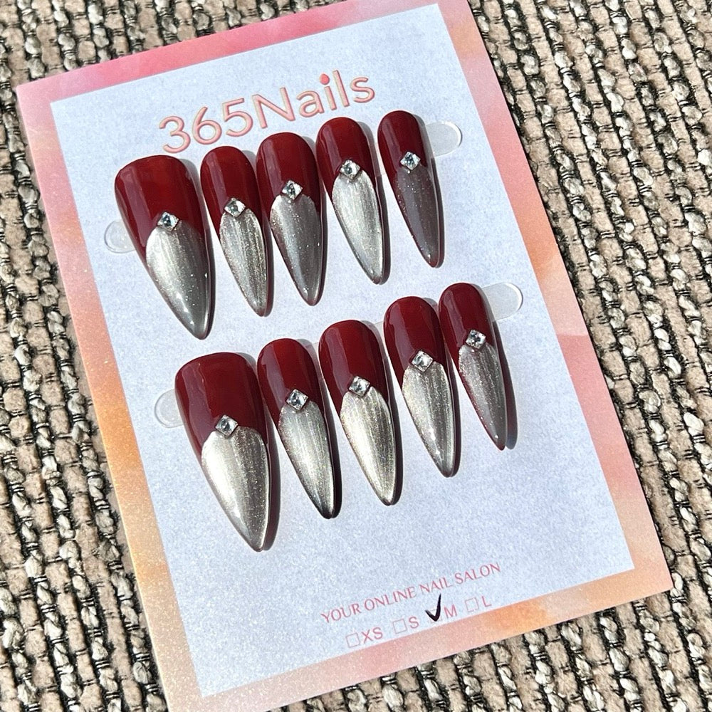 365nails: "Borgonha Cinza Dividido" – Unhas Postiças Stiletto Feitas à Mão