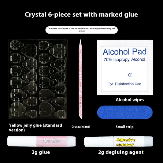 Press on nails accessories package: glue, rubbing strips, crystal rods, cleaning cotton, jelly glue