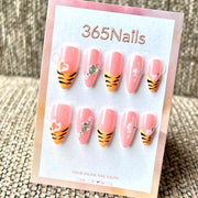 Rose imprimé tigre avec cœur et cristal - Vente en gros : ongles press-on ultra-doux, ajustement flexible, fait main (MOQ=100)