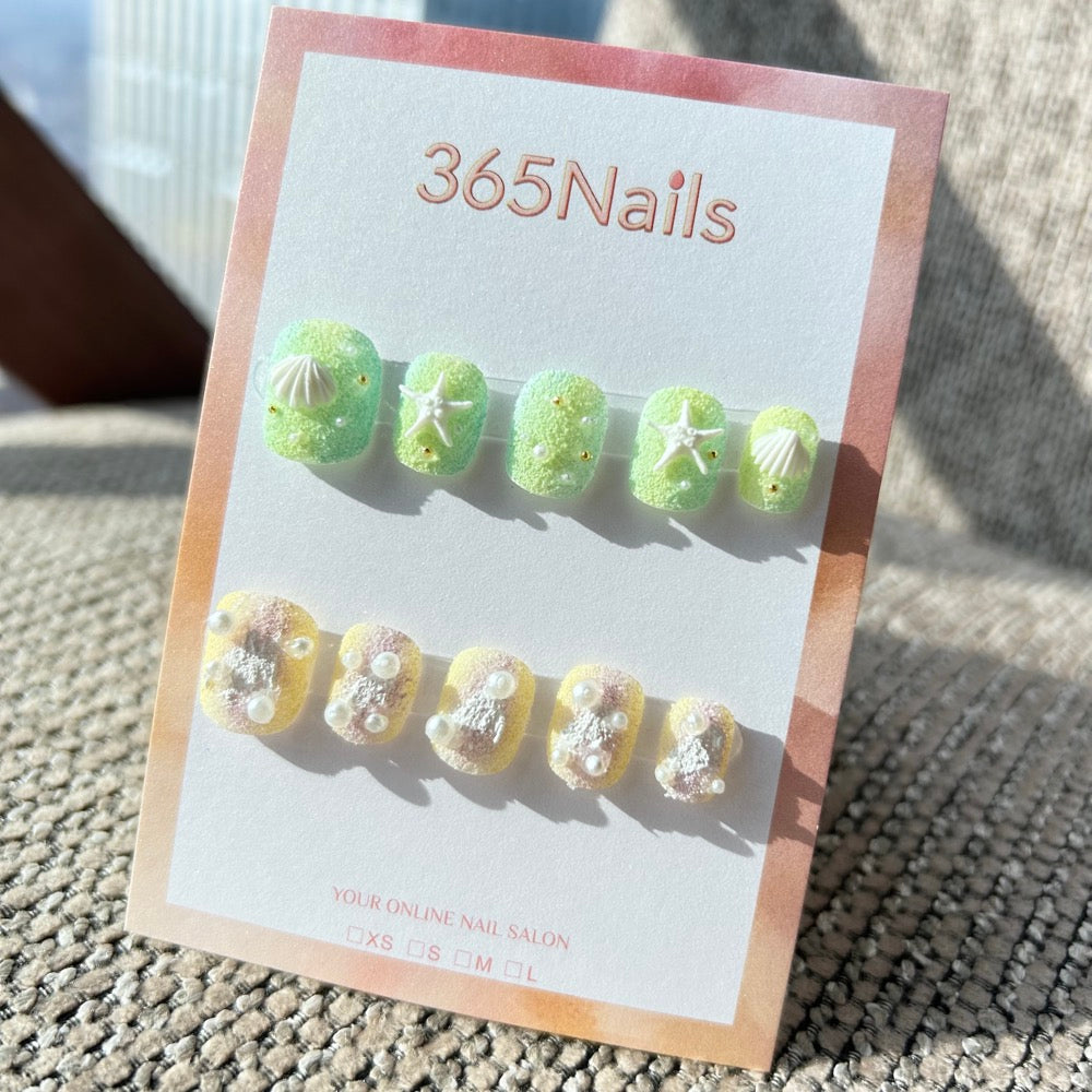 Sweet & Dopamine: "Mermaid's Lime Beach" – Lime Green & Lemon Gradient, Sugar Glitter Texture, 3D Shell, Starfish & Pearl Press-on Nails