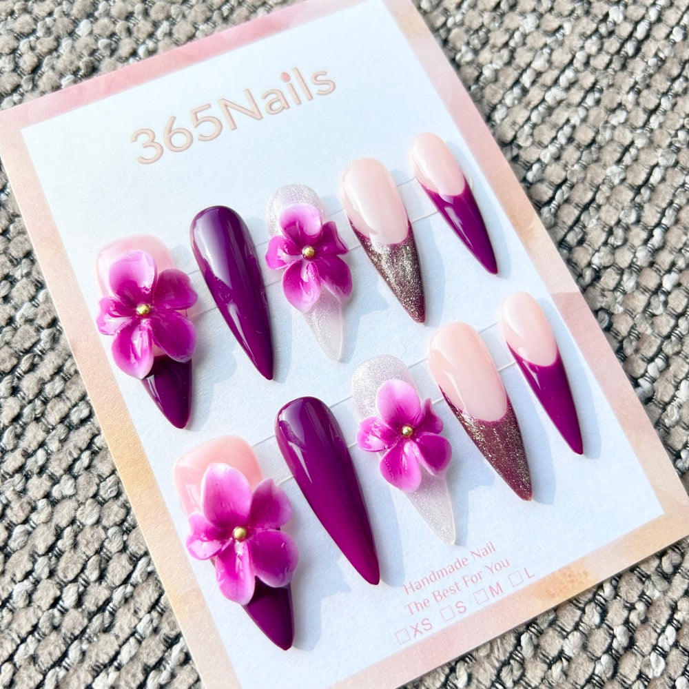 Sculpted Flora: "Plum Velvet Bloom" – 3D Floral & Sheer Magenta Gradient on Long Stiletto Nails