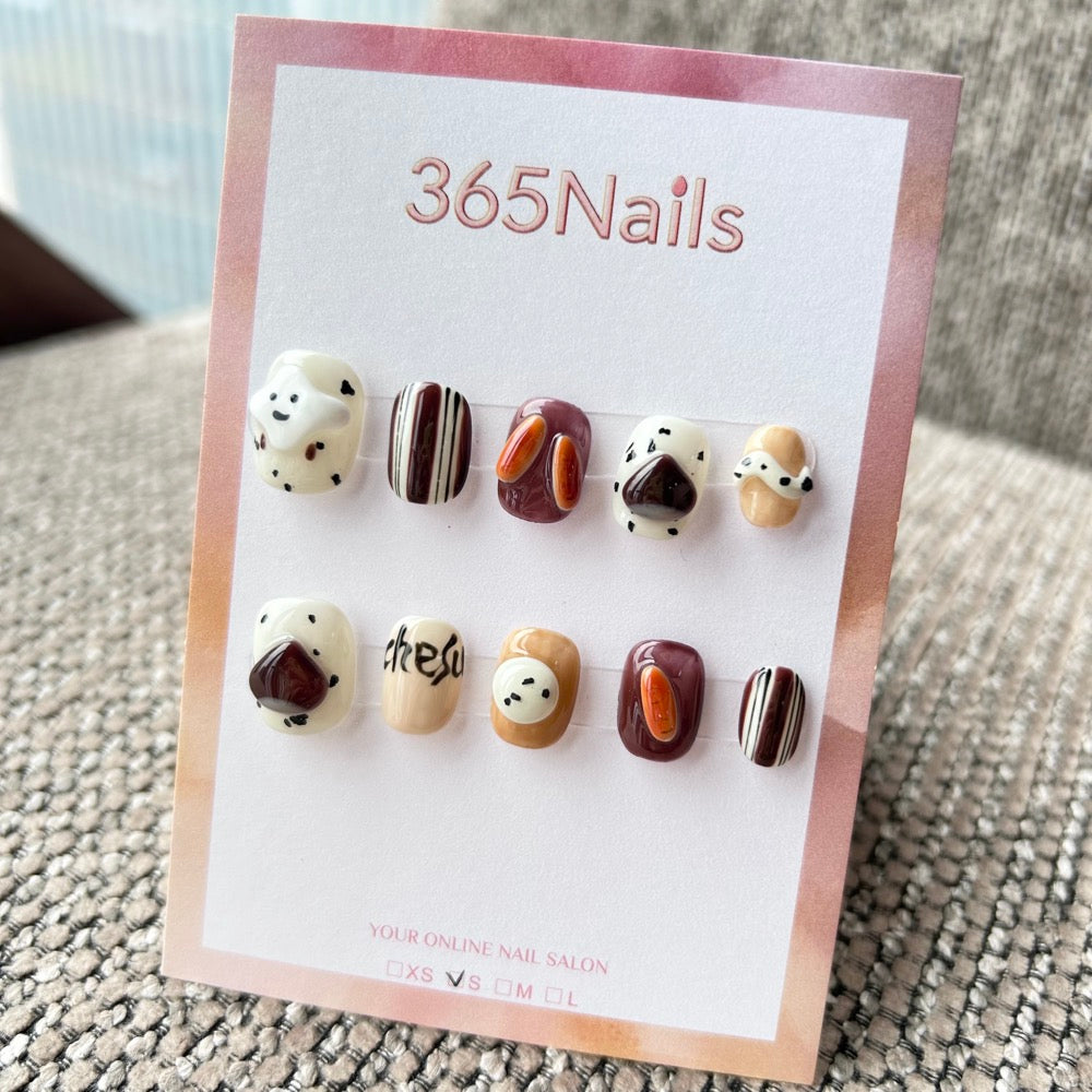 Cartoon & Dopamine: "Chestnut Dalmatian" – 3D Ghost, Caramel Chestnut, Dalmatian Spots & Retro Stripes Short Nails