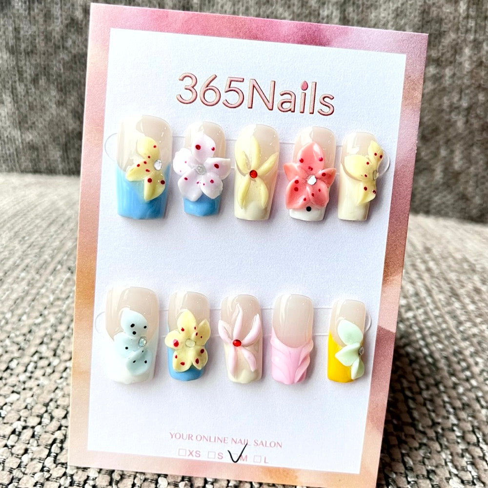 365nails: "Candy Garden" – 3D Floral Handmade Almond Nails