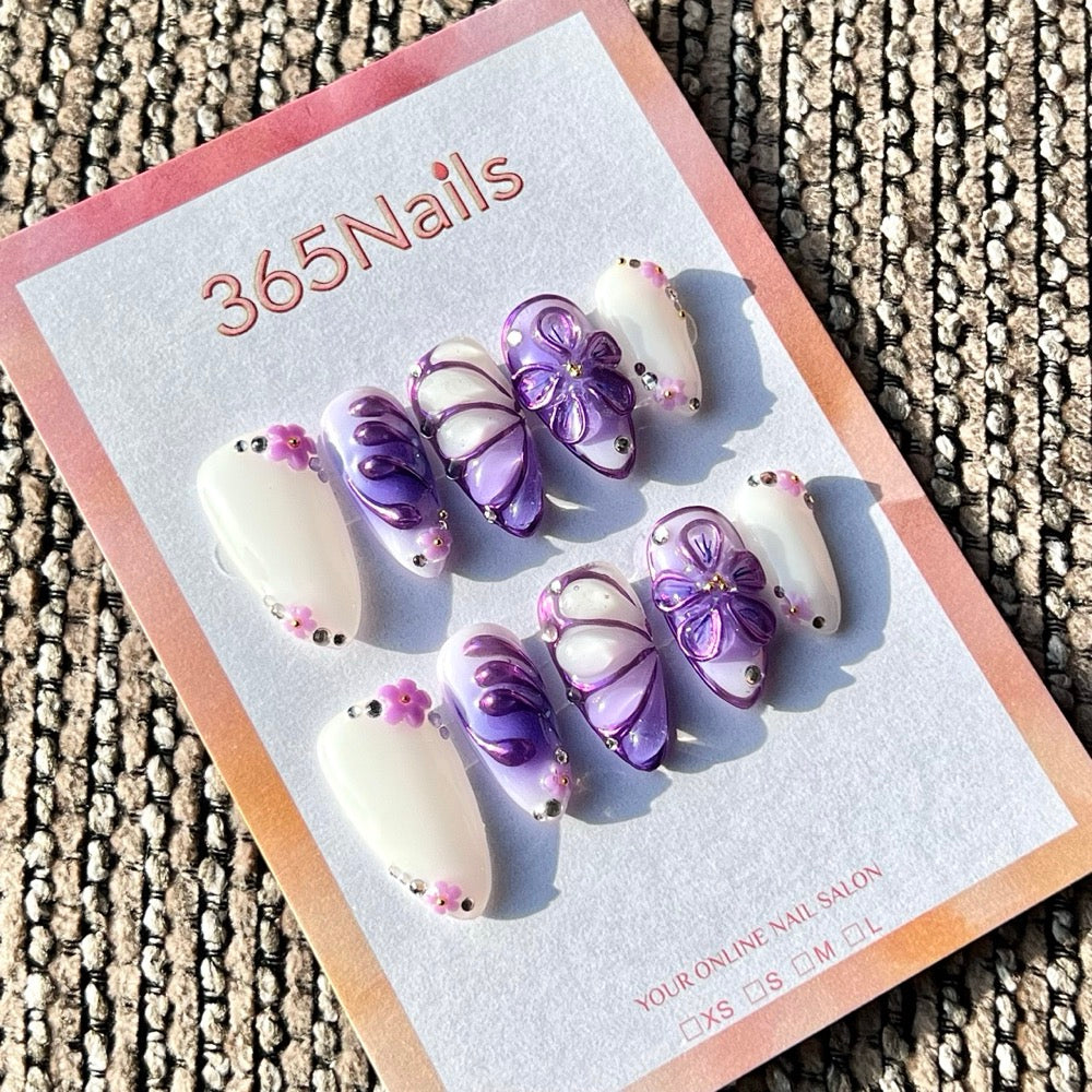 365nails: "Degradê Floral Roxo" – Unhas Postiças Artesanais Médias Amendoada