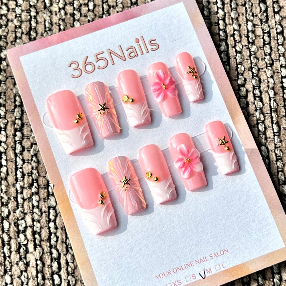 "Pink Mermaid & Starfish" - Wholesale Ultra-Soft Flexible Fit Handmade Nails (MOQ=100)