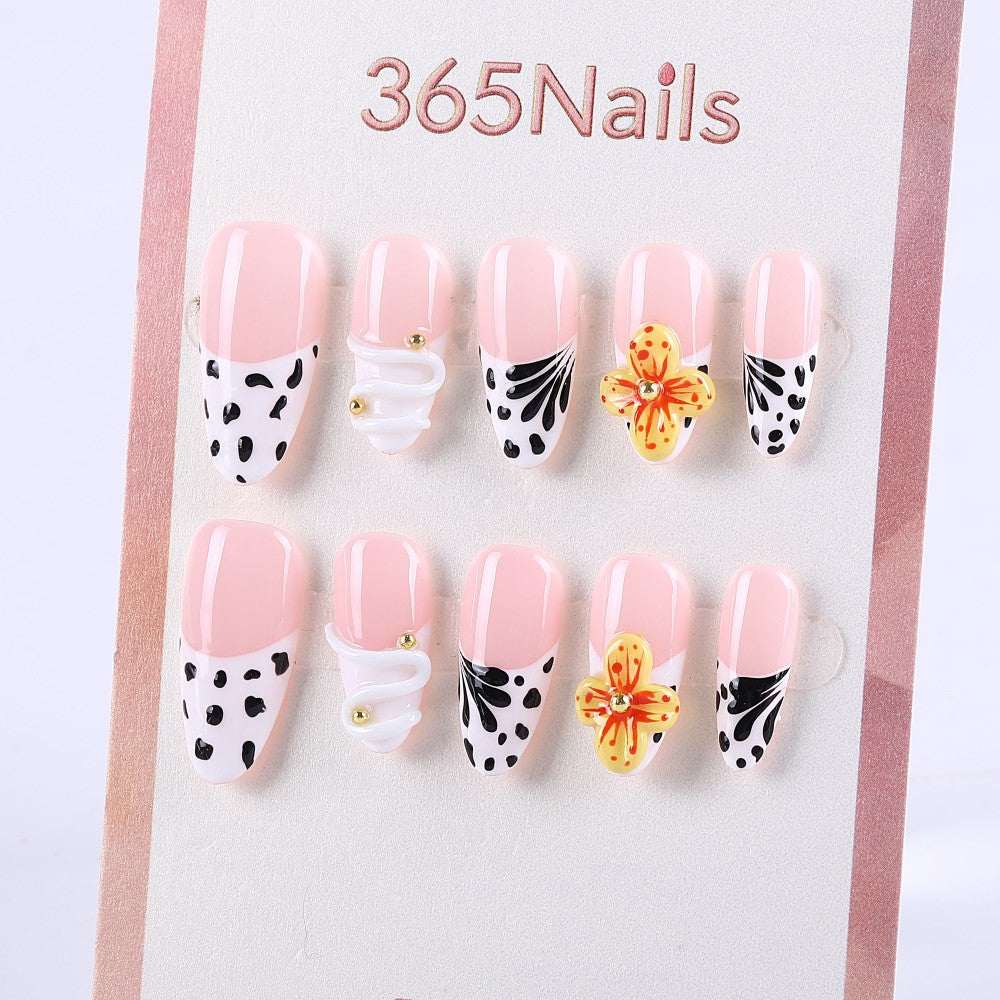 Pink White Black Yellow Press-On Nails with Floral and Dot Design