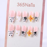 Pink White Black Yellow Press-On Nails with Floral and Dot Design