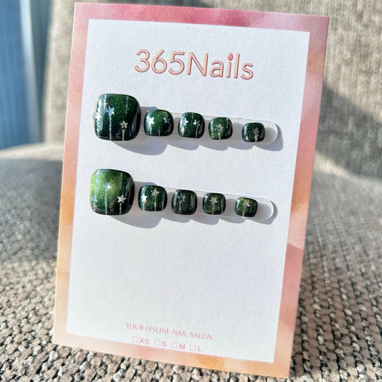 365nails: "emerald meteor shower" – handmade press-on toenails / pedicure