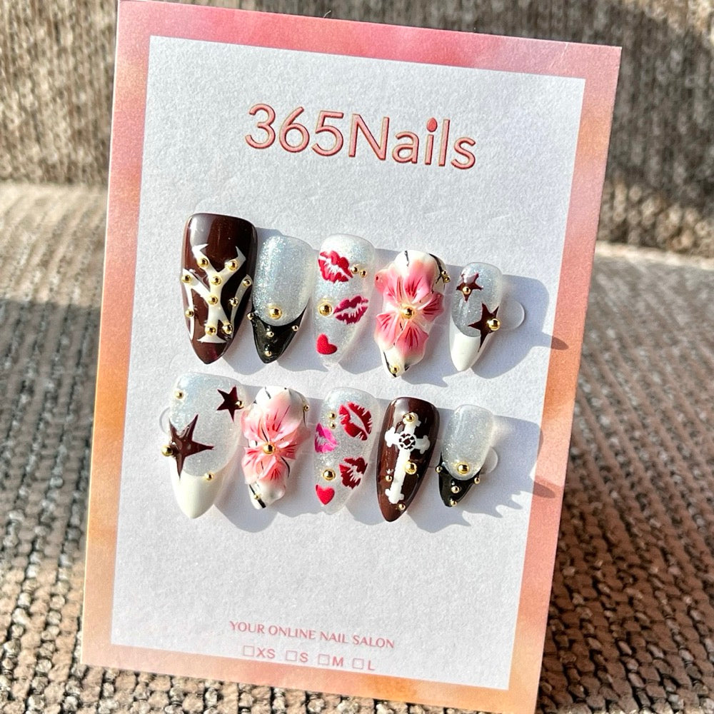 365nails: "Y2K Grunge Cross & Flower" – Handmade Medium Almond Press-On Nails