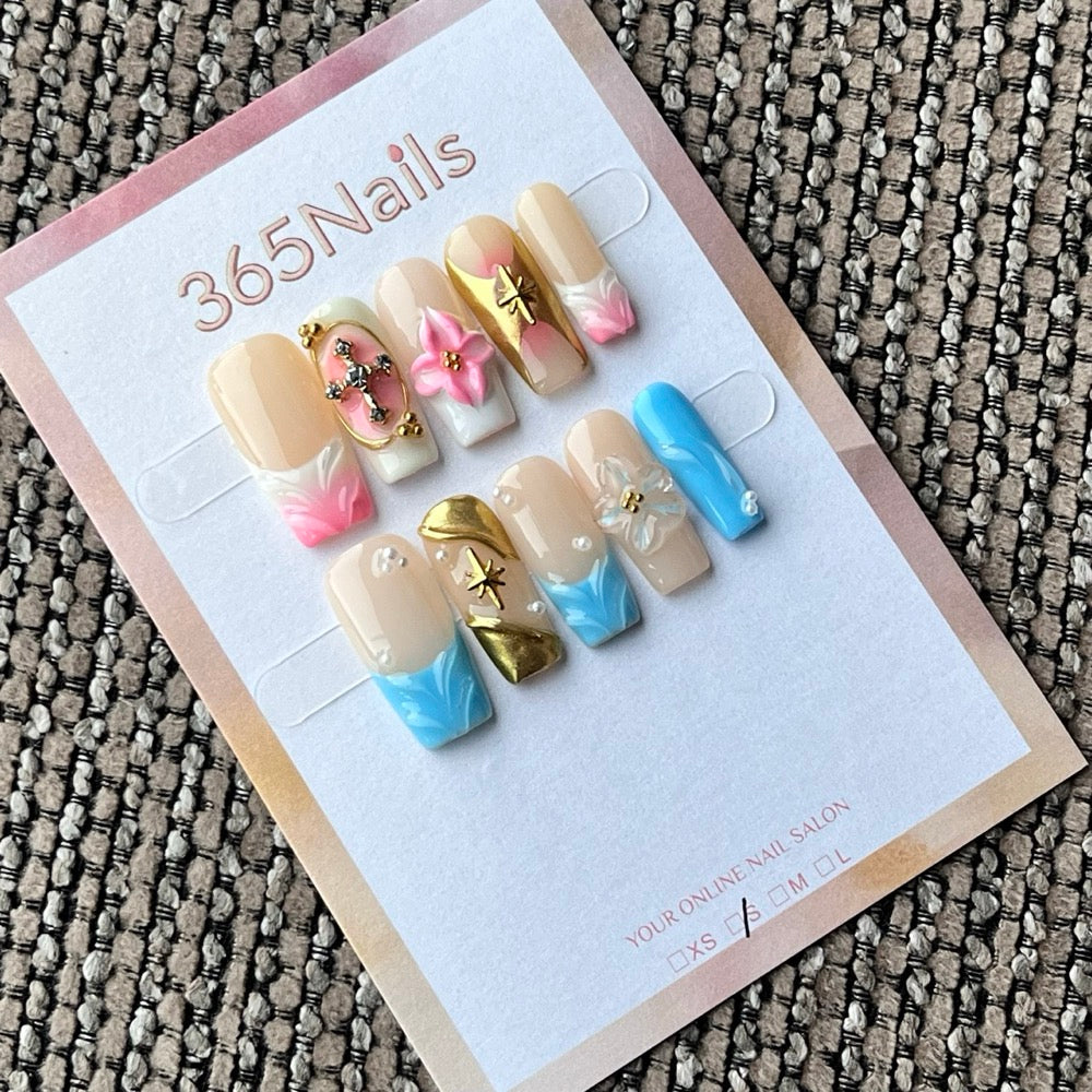Nude Pink & Blue 3D Charm Press-On Nails