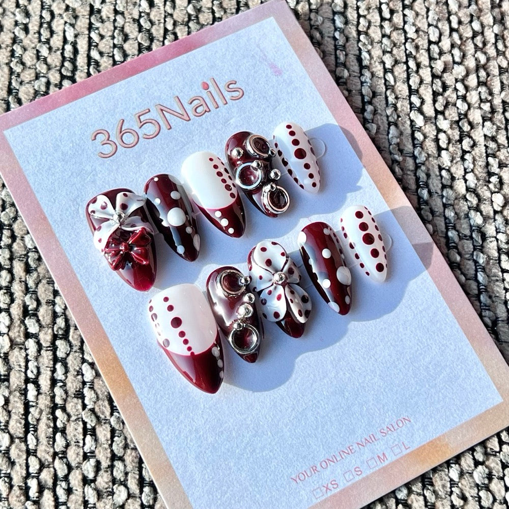 365nails: "Wine Red Polka Dot Bow" – Handmade Medium Almond Press-On Nails