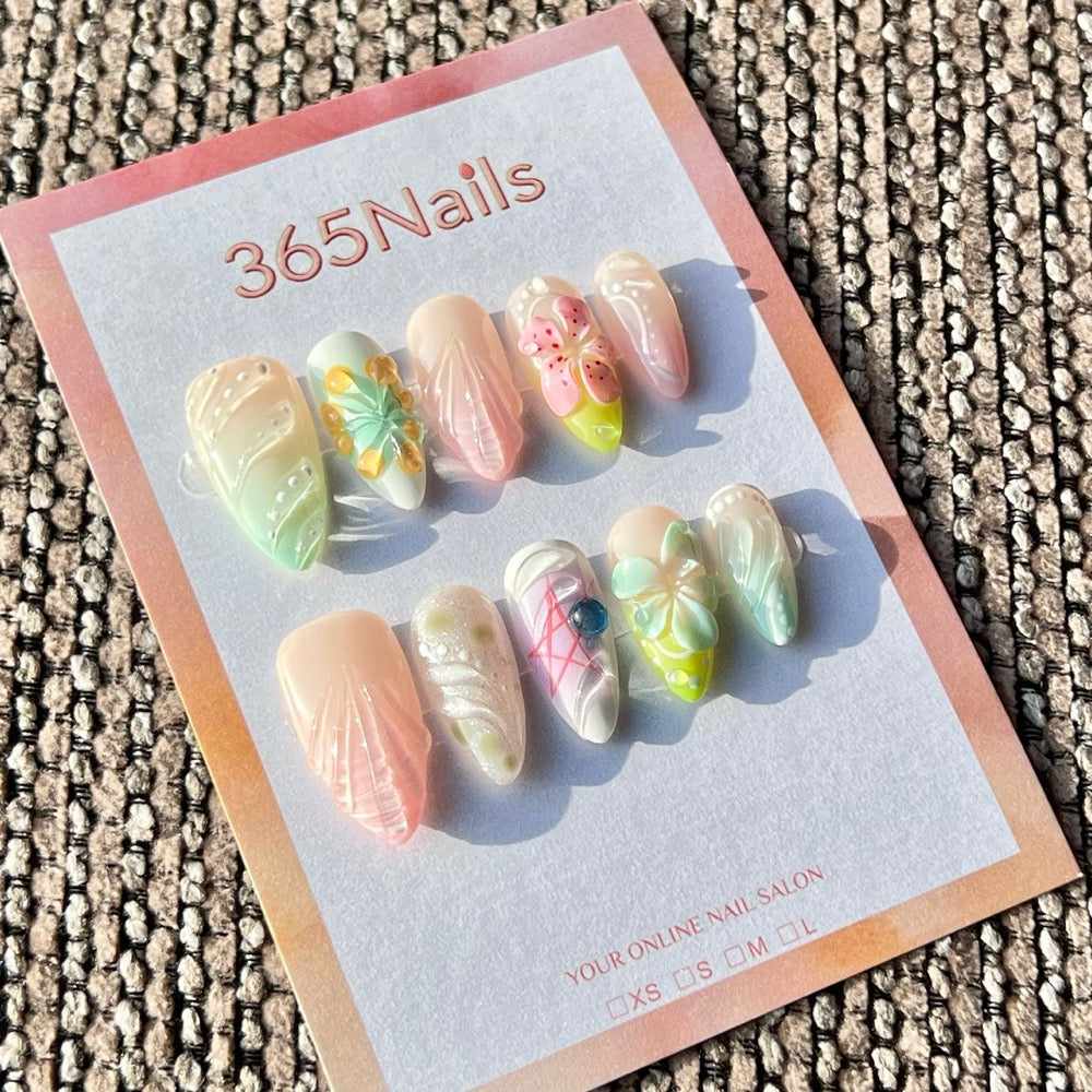 365nails: "Pastel Floral Shell" – Handmade Medium Almond Press-On Nails