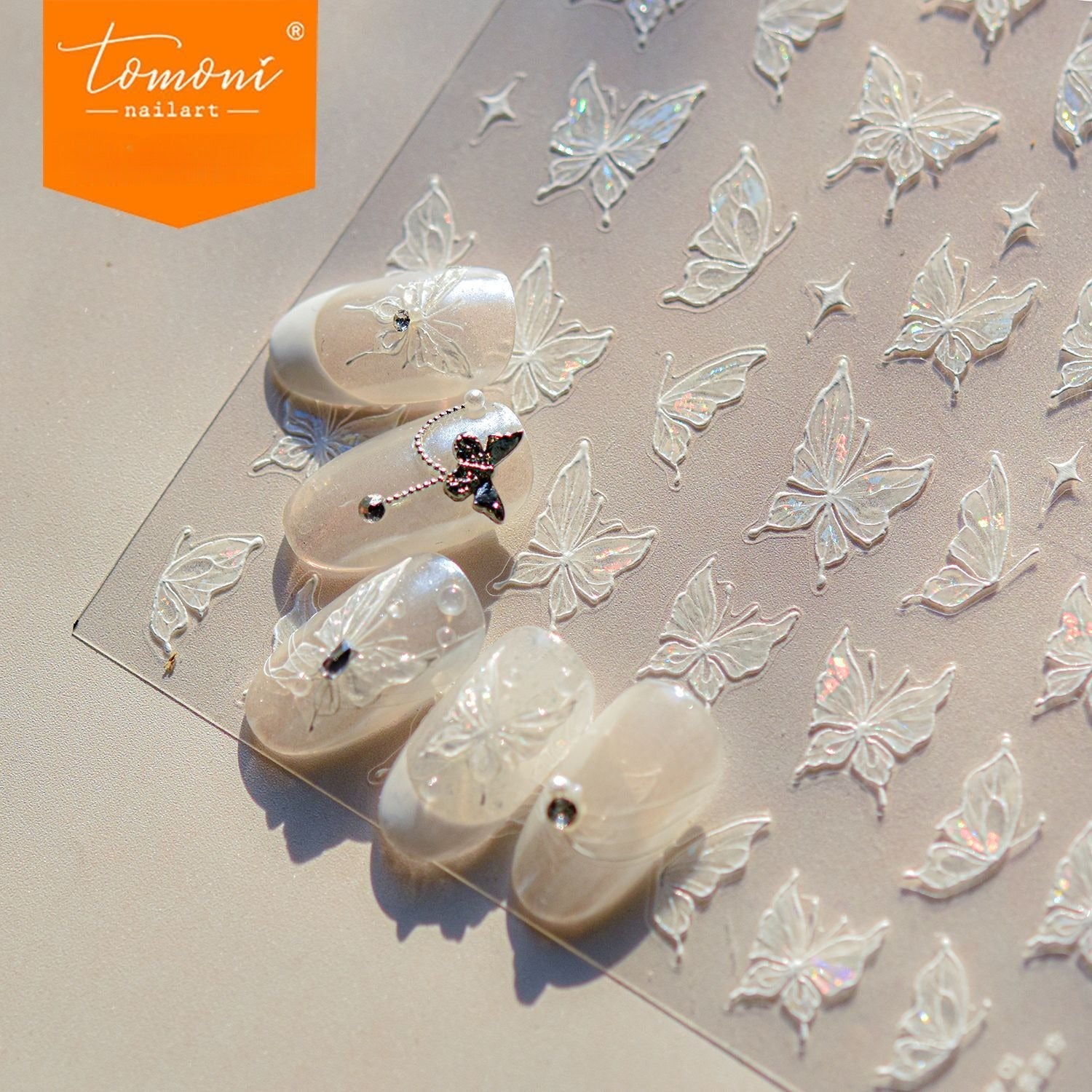 nail stickers Iridescent White Butterfly Nail Stickers – 5D Embossed Ethereal Flutter Set