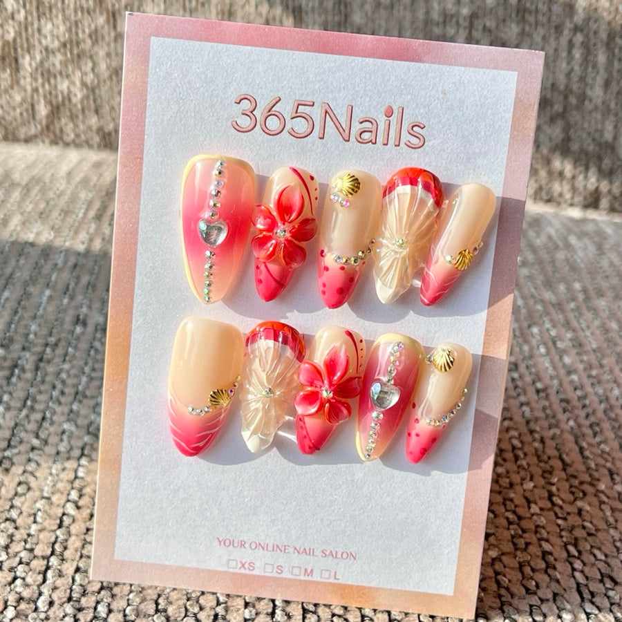 365nails: "Coral Beach Shell" – Handmade Medium Almond Press-On Nails