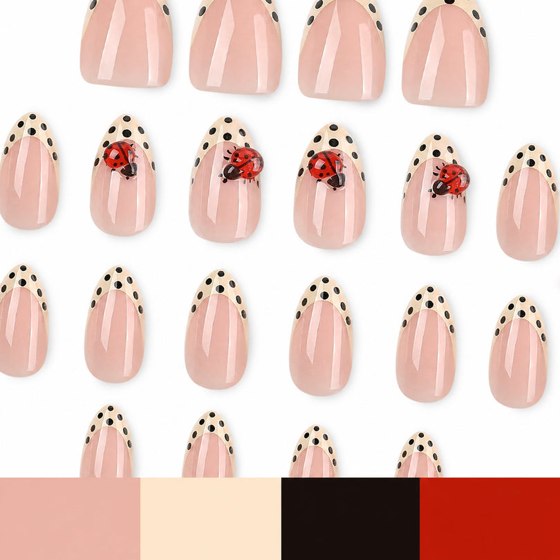 Grid of press-on nail swatches with a pink, cream, black and red color palette bar at the bottom