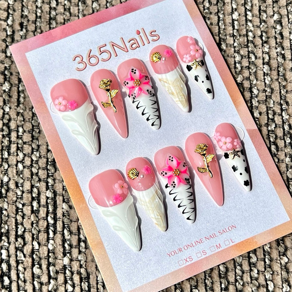 365nails 블러쉬 핑크 꽃·장미 믹스 수제 미디엄 스틸레토형 프레스온 네일
