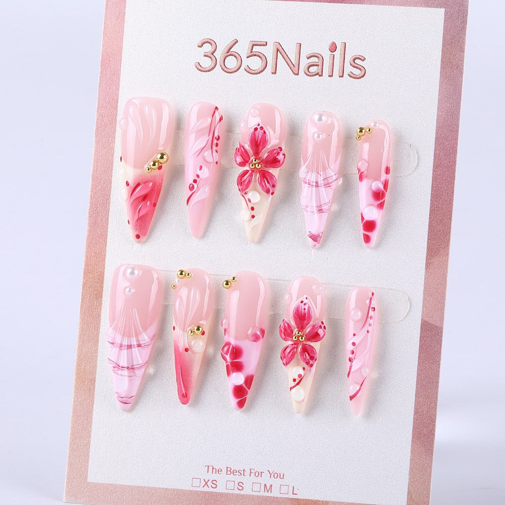 Cherry Blossom Pink Frosting Gradient × 3D Flower Pearls Press On Nail