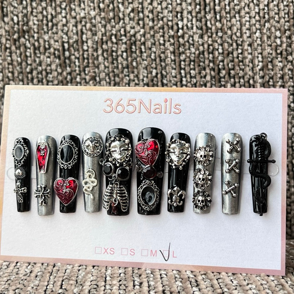 365nails: 고딕 블랙·실버·레드 하트·해골 수제 프레스온 네일