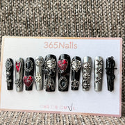 365nails: 고딕 블랙·실버·레드 하트·해골 수제 프레스온 네일