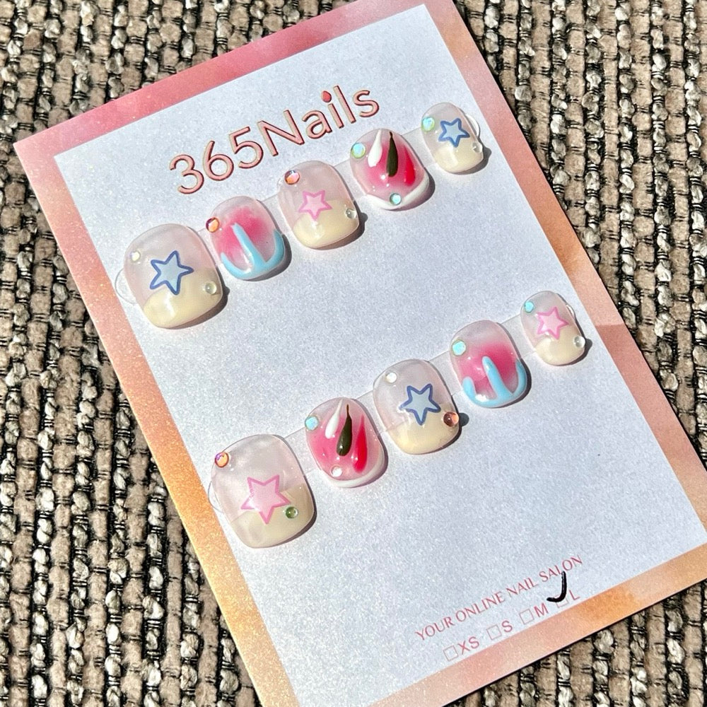 365nails: "Pastel Pink Blue Star Abstract" – Handmade Short Squoval Press-On Nails