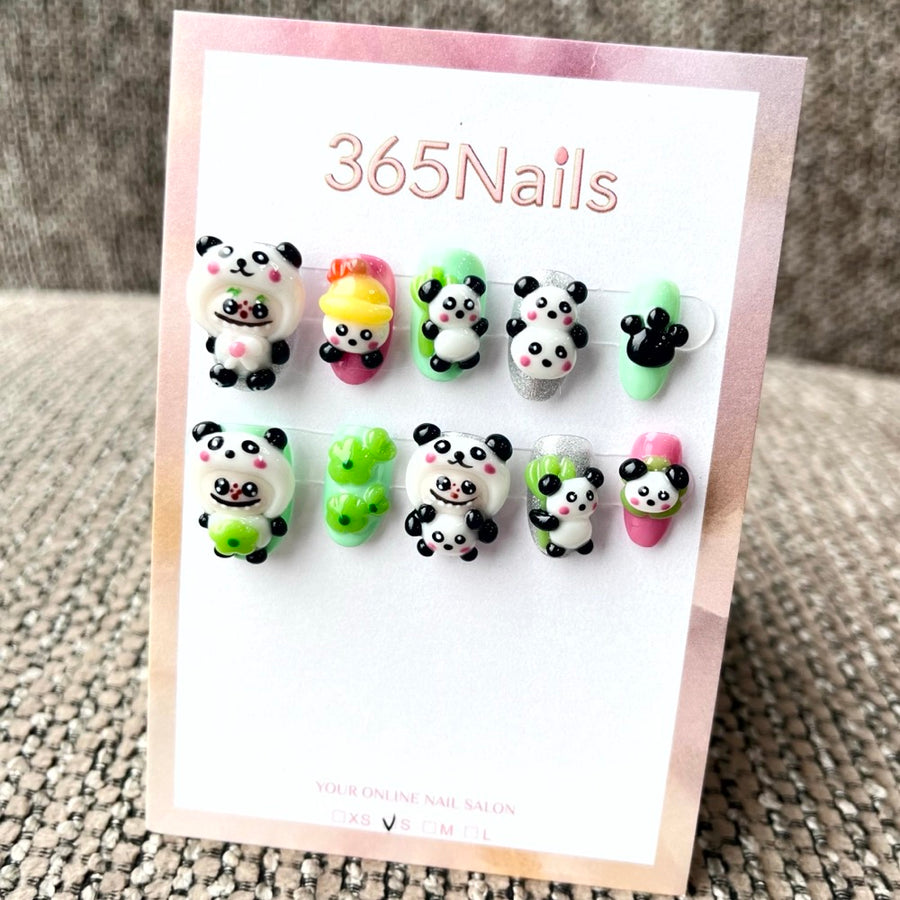 365nails: "Bamboo Bear Bliss" – 3D Panda Character Handmade Short Square Nails