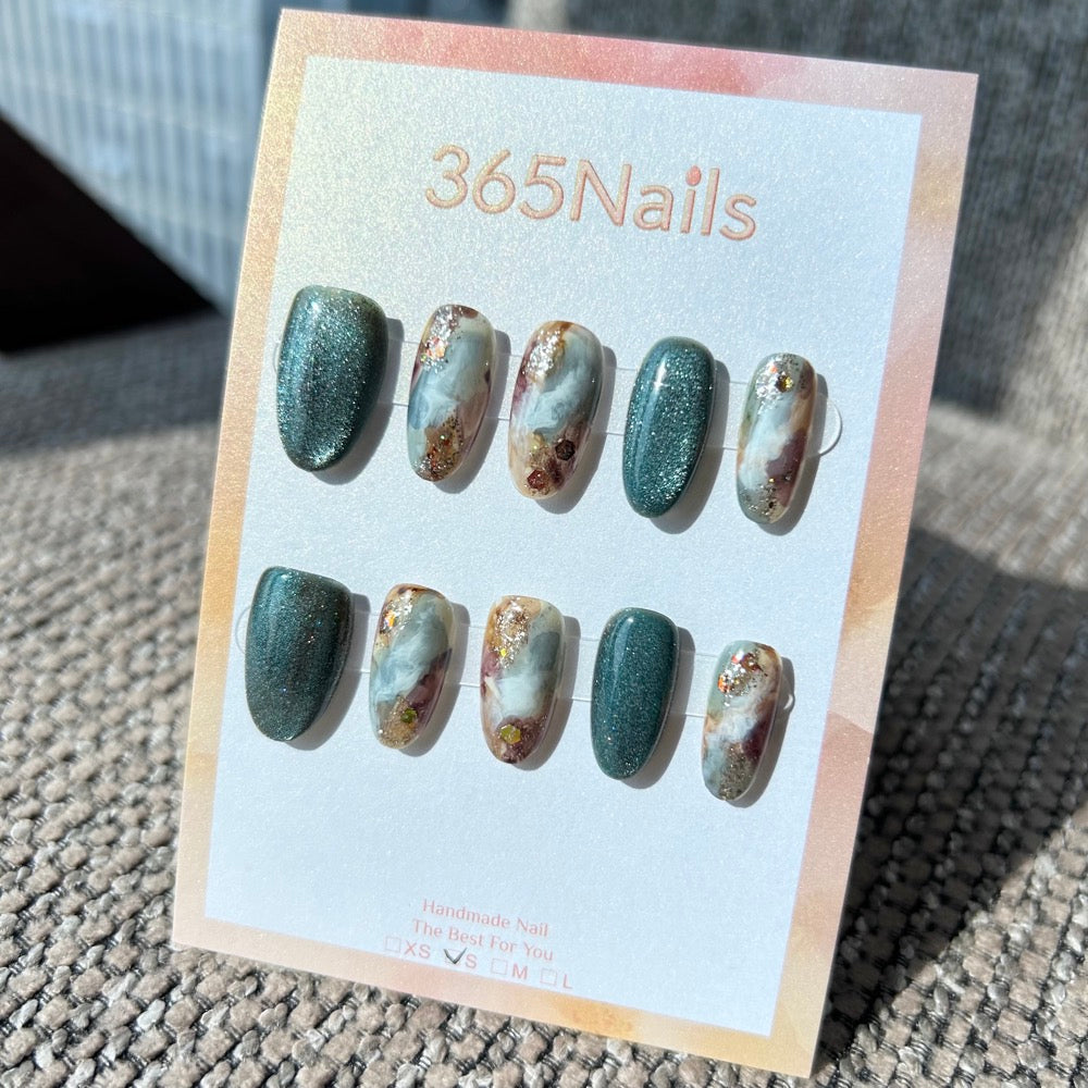 "Deep Forest Agate" – Dark Teal Green Cat Eye & Earthy Brown Marble with Gold Flakes Oval Nails