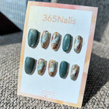 "Deep Forest Agate" – Dark Teal Green Cat Eye & Earthy Brown Marble with Gold Flakes Oval Nails